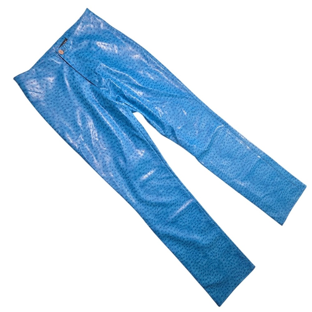 Paris TARK'1 VINTAGE womens bold azure blue ostrich vegan leather party pants 28